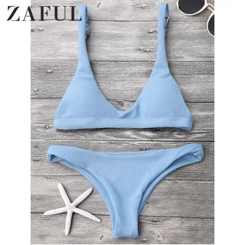 

ZAFUL Bikinis Women New High Cut Scoop Neck Bikini Set Low Waisted Bralette Scoop Neck Solid Color Swimsuit Bathing Suits Biquni