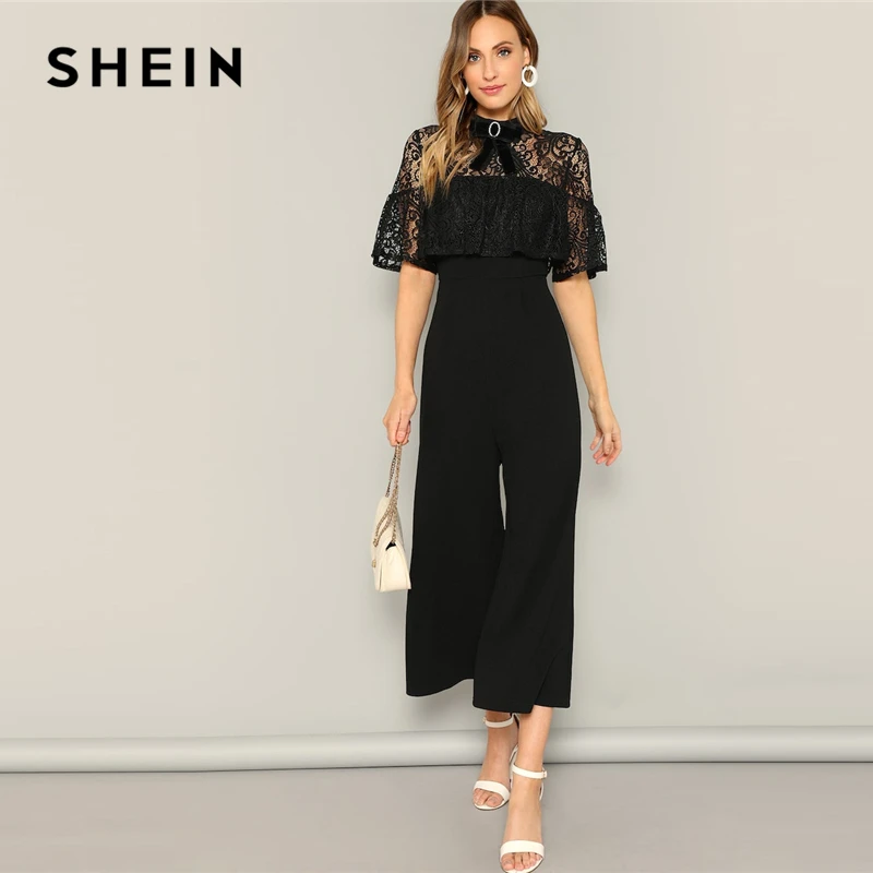 

SHEIN Black Bow Detail Lace Insert Palazzo Jumpsuit Stand Collar Women High Waist Long Trouser Highstreet Spring Jumpsuits