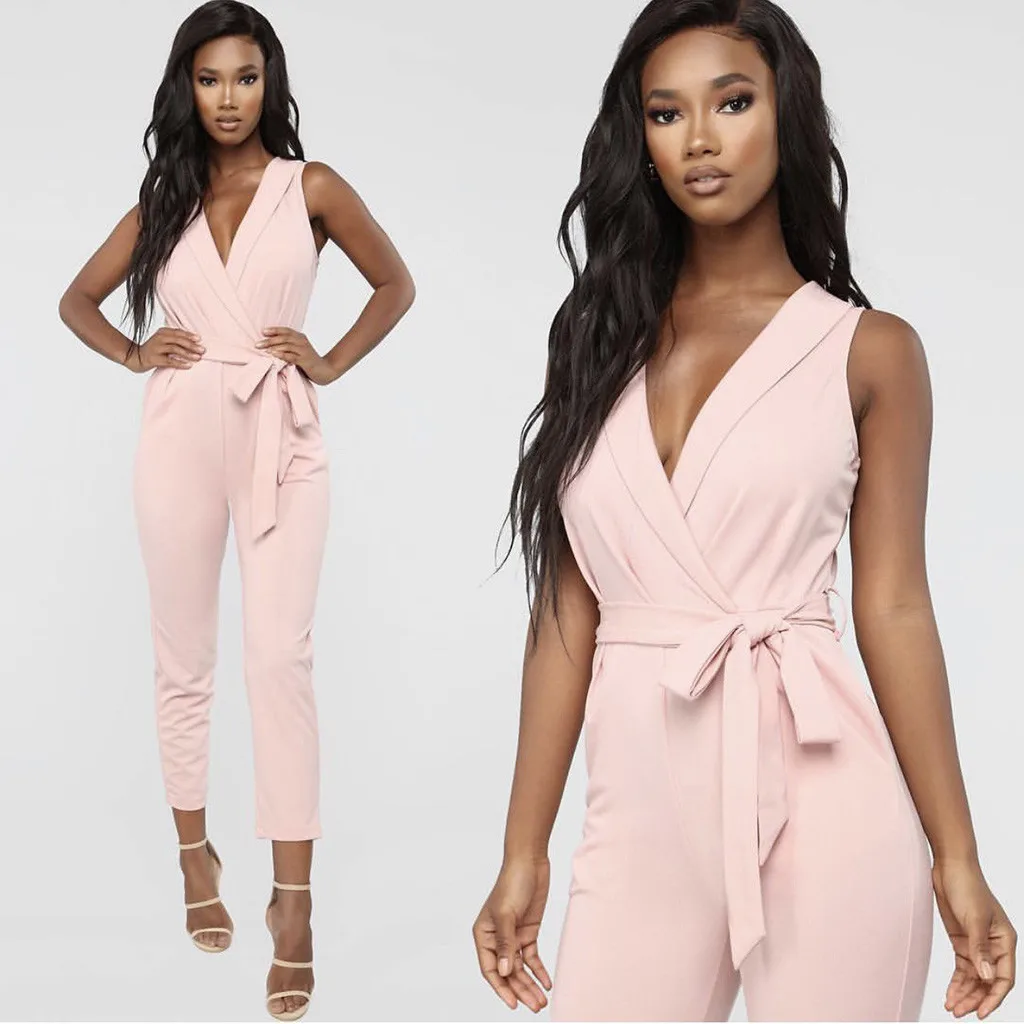 Sexy deep v neck Ruffle Solid color Loose Jumpsuit with bow Fashion Women summer Sexy Sleeveless Backless Jumpsuit overalls
Sexy deep v neck Ruffle Solid color Loose Jumpsuit with bow Fashion Women summer Sexy Sleeveless Backless Jumpsuit overalls