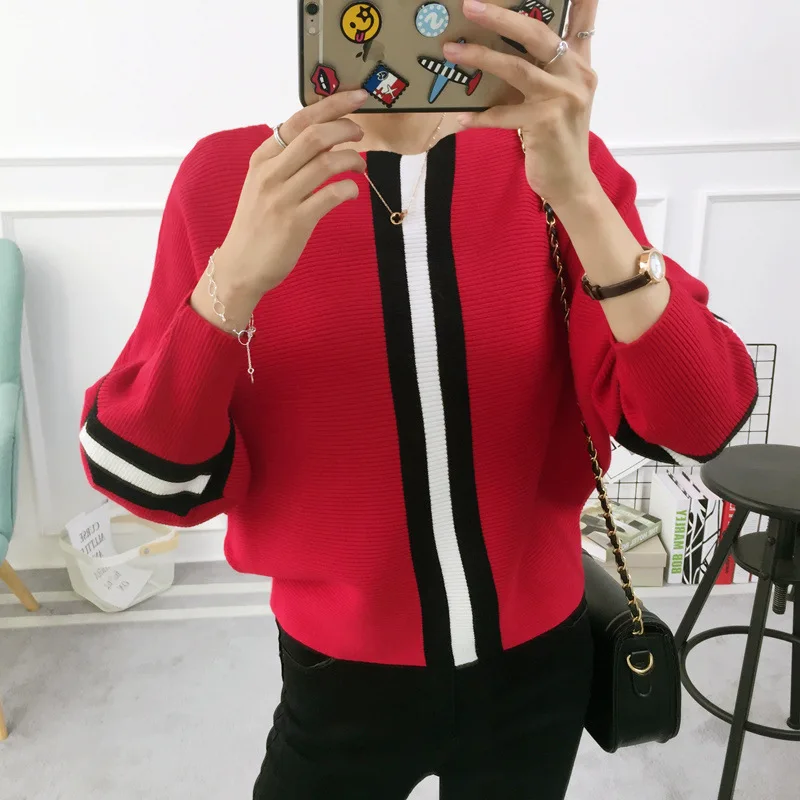 2019 New Autumn Winter Women Sweater Pullover Stripe Contrast Color Bat Sleeve Knitted Jumper Loose Short Tops Outwear Pull Femm
2019 New Autumn Winter Women Sweater Pullover Stripe Contrast Color Bat Sleeve Knitted Jumper Loose Short Tops Outwear Pull Femm