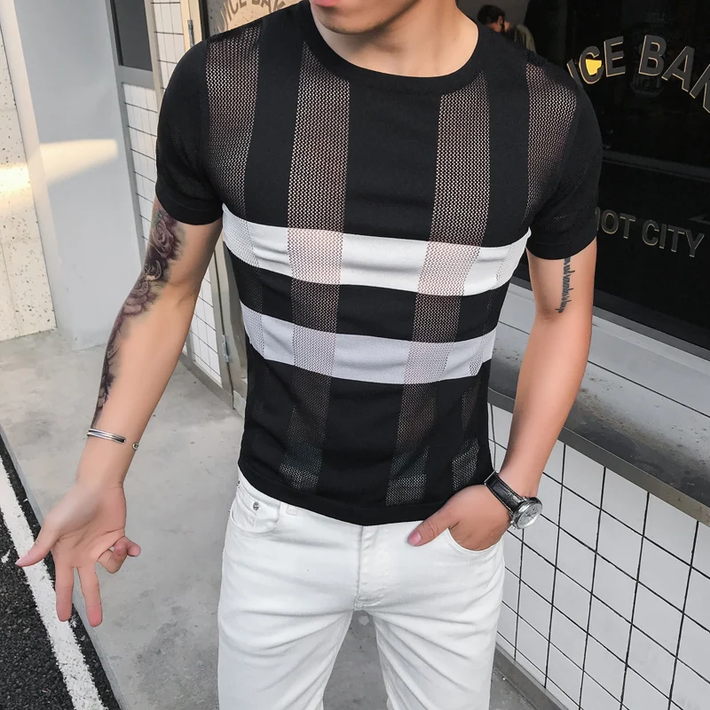 Men Summer Hollow Out Breathable Short Sleeve Striped Knitted T Shirt Male Fashion O-neck Slim Fit Casual Tshirt Tees Shirts 
Men Summer Hollow Out Breathable Short Sleeve Striped Knitted T Shirt Male Fashion O-neck Slim Fit Casual Tshirt Tees Shirts