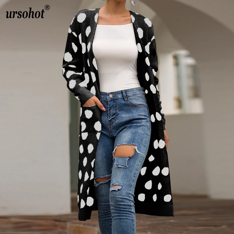 Ursohot/длинные свитера с вязанным карманом пальто открытый стежок женский свитер