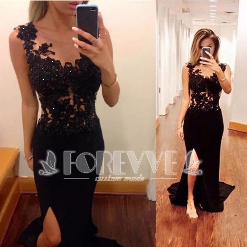 

Sexy Black Appliques Prom Dress Long 2019 Sheer Beaded Mermaid Formal Evening Party Dresses Side Slit Abiye Vestido De Festa