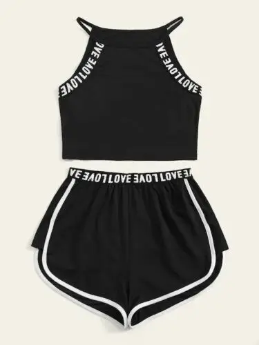 Women-039-s-Sleeveless-Set-Yoga-Fitness-Loose-Suit-Sling-T-Shirt-Stretch-Shorts