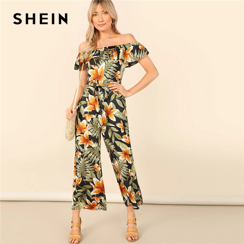 

SHEIN Bohemian Multicolor Flounce Foldover Off Shoulder Wide Leg Jumpsuit Women Summer Mid Waist Office Lady Floral Jumpsuits