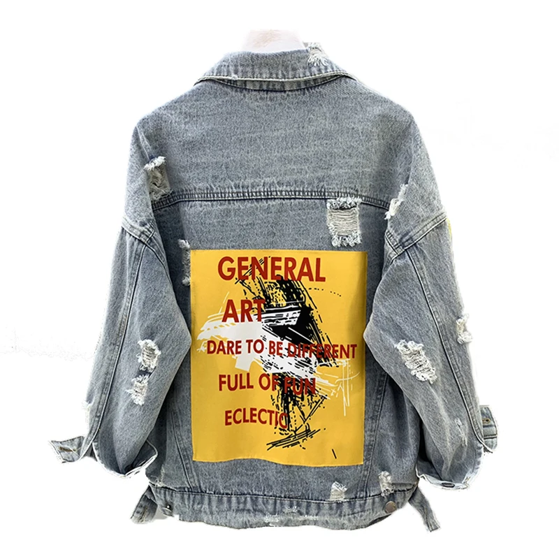 Spring Patch Designs Long Sleeve Denim Jacket Letter Printed Frayed Big Size Holes Jeans Coat Casual Streetwear Basic Coat
Spring Patch Designs Long Sleeve Denim Jacket Letter Printed Frayed Big Size Holes Jeans Coat Casual Streetwear Basic Coat