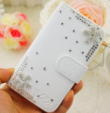 Five Petals Shine Bling Rhinestone Flowers White Embossed PU Leather Case Cover for iPhone 5 6 7 for Samsung Phone Case