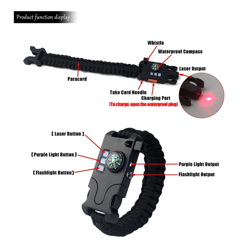 7 in 1 Outdoor Creative Multifunction Survival LaserFlashlightSOS Light Bracelet Hand-woven Infrared Bracelet (5)