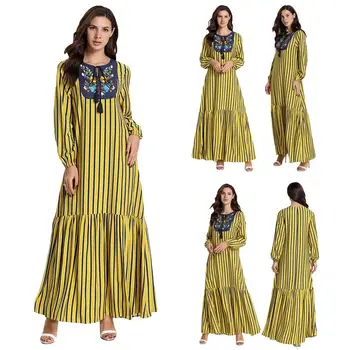 Women Striped Patchwork Long Sleeve Maxi Dress Abaya Kaftan Embroidery Jilbab Robe Muslim Dress Islamic Clothing Yellow M-4XL 
Women Striped Patchwork Long Sleeve Maxi Dress Abaya Kaftan Embroidery Jilbab Robe Muslim Dress Islamic Clothing Yellow M-4XL