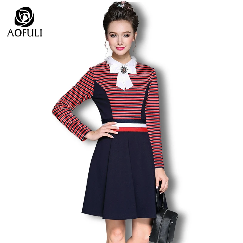 L- 4XL Women Stripe Print Patchwork Dress With Diamond Bow Tie Autumn Plus Size Long Sleeve Slim Blue Dress AOFULI B6057
L- 4XL Women Stripe Print Patchwork Dress With Diamond Bow Tie Autumn Plus Size Long Sleeve Slim Blue Dress AOFULI B6057
