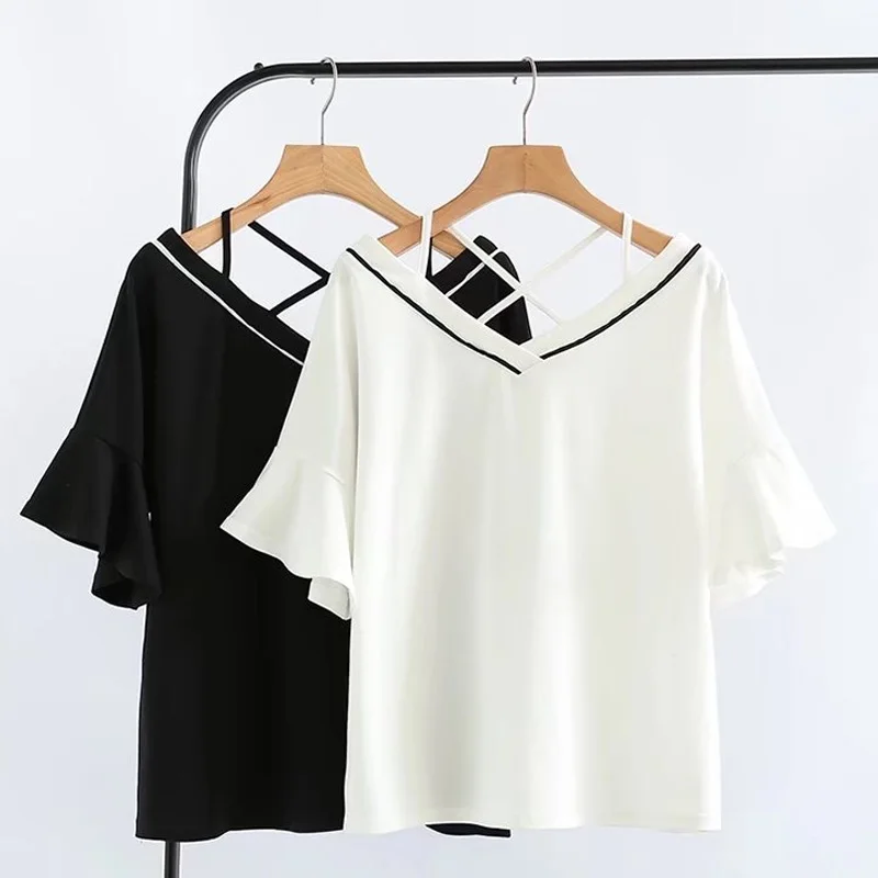 V collar women's T-shirt summer 2018 new loose short-sleeved strapless trumpet sleeves
V collar women's T-shirt summer 2018 new loose short-sleeved strapless trumpet sleeves
