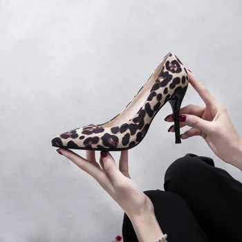 New leopard print pointy toe shoes single shoes fashion sexy heels stiletto women's shoes size 44-45