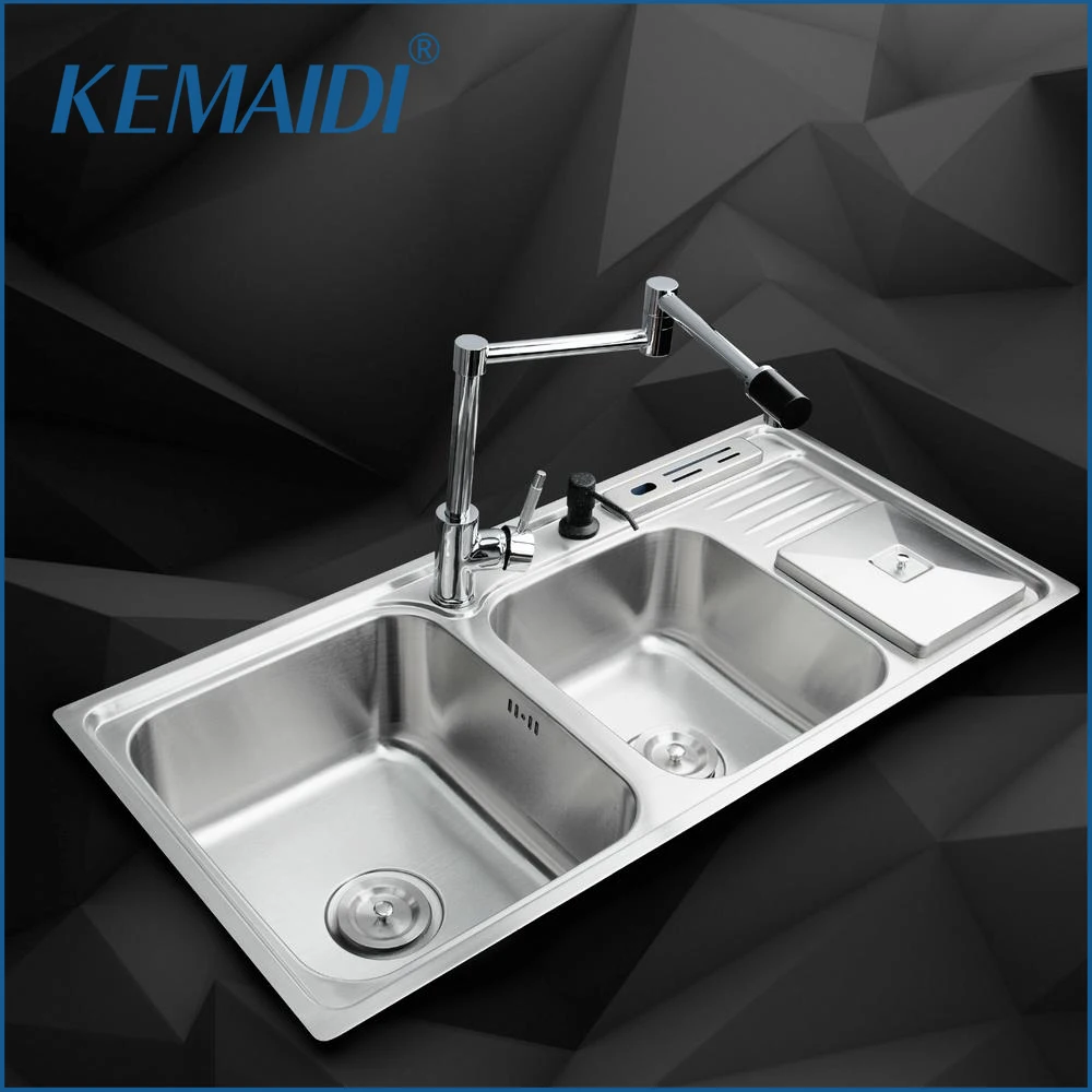 

KEMAIDI Kitchen Stainless Steel Sink Bowl Kitchen Washing Dishes Double Bowl+SS-148528-4/113 +Swivel 360 Chrome Mixer Tap Faucet