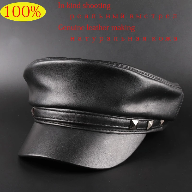 Image DL 10609 Wholesale sheepskin hat genuine leather casual thermal men s military hat winter quinquagenarian short brim cadet cap