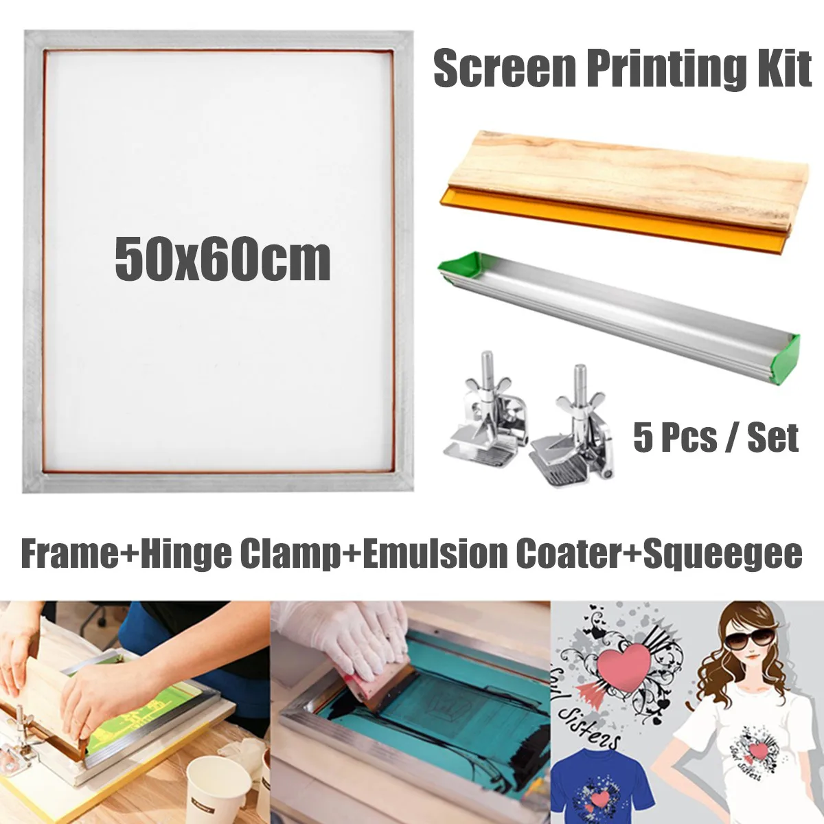 Screen Printing Kit Aluminum Frame+Hinge Clamp+Emulsion Coater+Squeegee Screen Printing Tools Parts Accessories 5Pcs/Set
Screen Printing Kit Aluminum Frame+Hinge Clamp+Emulsion Coater+Squeegee Screen Printing Tools Parts Accessories 5Pcs/Set