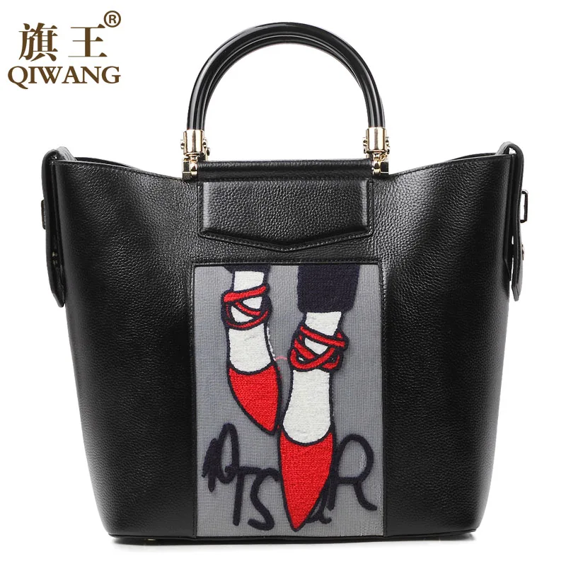 

Qiwang Embroidery Shoes Handbag Woman Luxury Fashion Bag Real Leather Big Tote Paris Brand Designer Handbag France Shoulder Bag