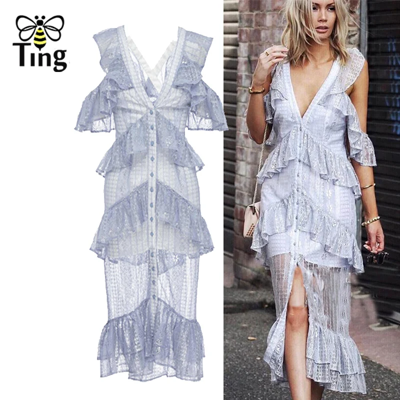 Tingfly Designer Runway Style Sexy Cold Shoulder V neck Midi Lace Party Dresses Vintage Ruffles Single Breasted Split Long Dress
Tingfly Designer Runway Style Sexy Cold Shoulder V neck Midi Lace Party Dresses Vintage Ruffles Single Breasted Split Long Dress