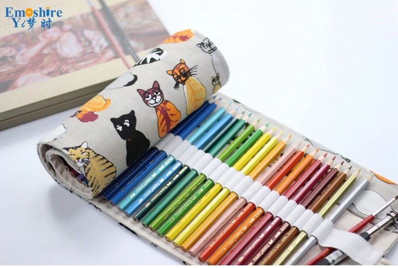 Emoshire Cotton canvas creative cloth curtains back cat color lead pencils large capacity pencil pencil pens (1)