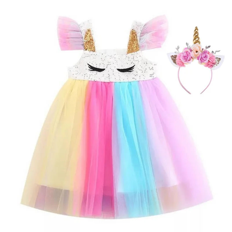 Girl Unicorn Costumes Ruffle Sleeve Rainbow Sequined Tutu Wedding Party Dress With Headband Sets for Cosplay Costumes 1-5Years 
Girl Unicorn Costumes Ruffle Sleeve Rainbow Sequined Tutu Wedding Party Dress With Headband Sets for Cosplay Costumes 1-5Years