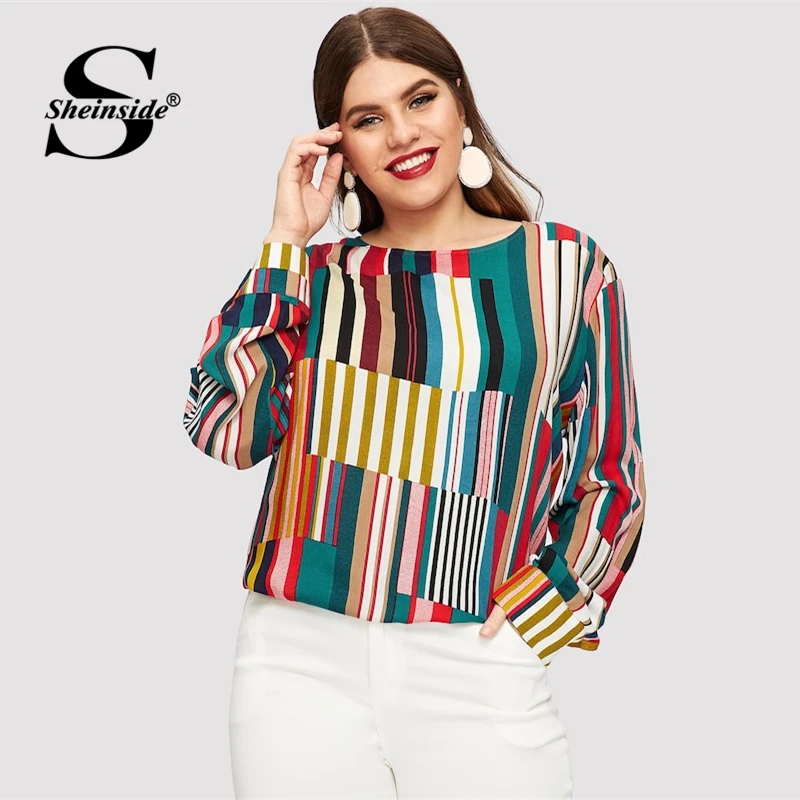 

Sheinside Plus Size Colorblock Stripe Print Blouse Women 2019 Spring Keyhole Back Chiffon Blouses Ladies Curved Hem Longline Top
