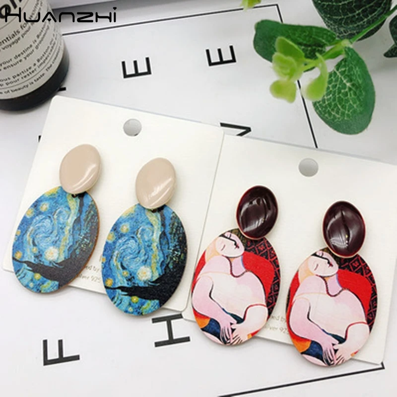 HUANZHI 2019 New 925 Silver Retro Abstract Geometric Oval Oil Painting Wooden Stud Earrings for Women Girls Party Gift
HUANZHI 2019 New 925 Silver Retro Abstract Geometric Oval Oil Painting Wooden Stud Earrings for Women Girls Party Gift