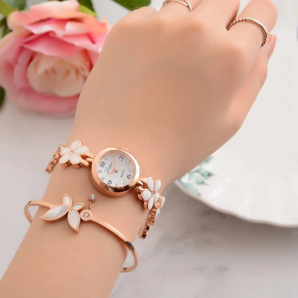 Женские наручные часы LVPAI классические с цветком ромашки золотыми стразами