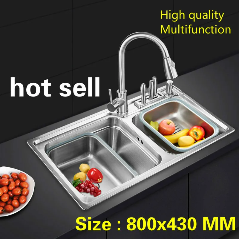

Free shipping Standard fashion kitchen sink big double groove food grade 304 stainless steel hot sell 800x430 MM