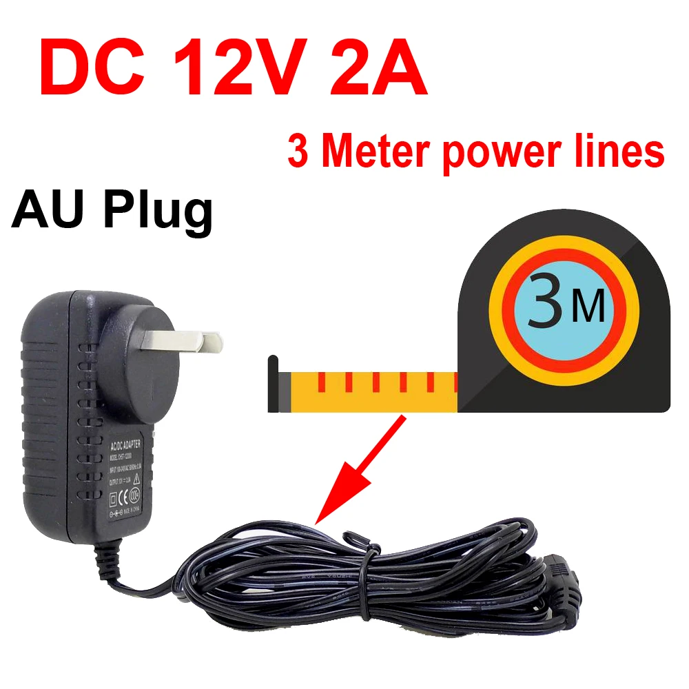 

3 Meters AU Power Adapter Charger Plug AC/DC 3M Power Cable for CCTV Camera AC 100-240V DC 12V 2A (2.1mm * 5.5mm)