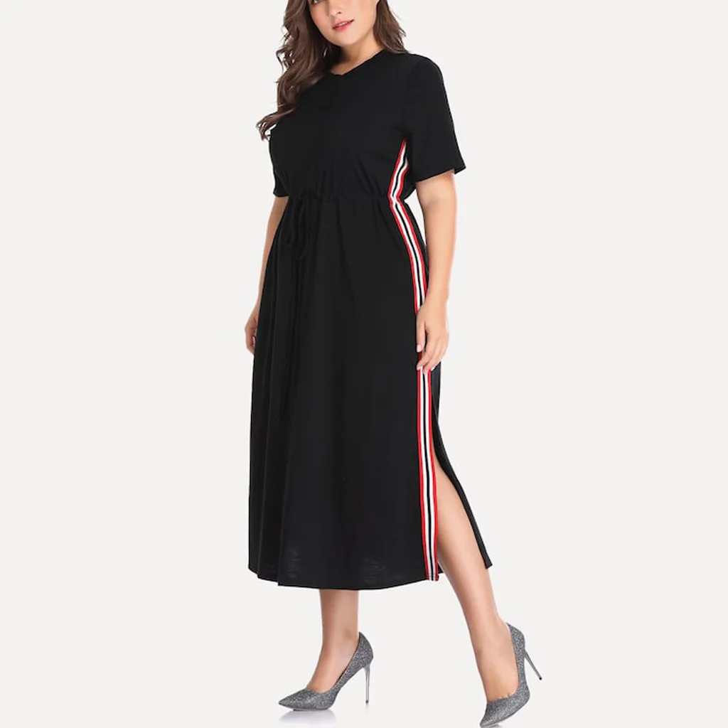 

Fashion Summer Midi Dress Women Plus Size Contrast Taped Side Split O-Neck Short Sleeve Long Dress Robe Femme Vestidos Clothing