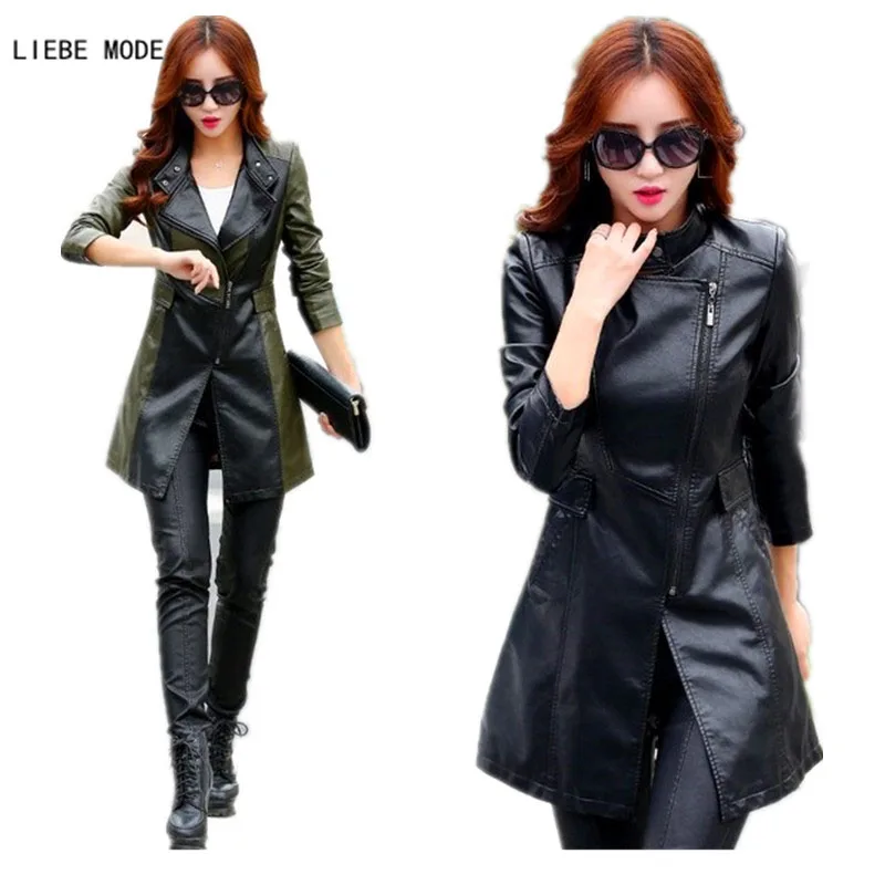 Image Oblique Zipper Leather Jacket Women Spring Plus Size 3XL 4XL 5XL Slim Faux Pu Outerwear Long Women Leather Trench Coat Female