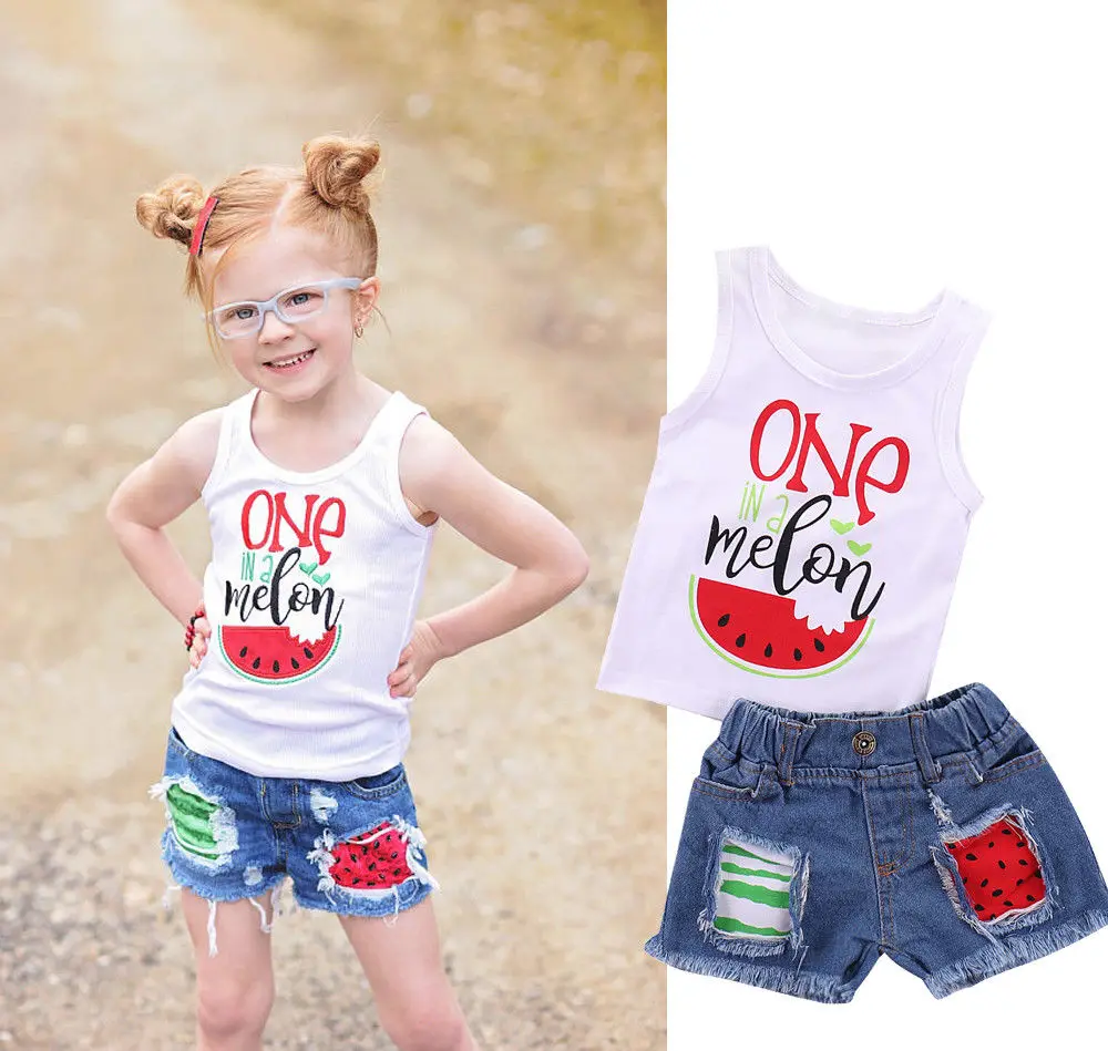 Toddler Baby Kids Girls Two Pieces Outfits Little Girls Watermelon Letter Vest Patches Denim Shorts Clothes Sets 
Toddler Baby Kids Girls Two Pieces Outfits Little Girls Watermelon Letter Vest Patches Denim Shorts Clothes Sets