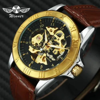 WINNER Business Men Golden Auto Mechanical Watch Brown Leather Strap Roman Number Skeleton Dial Retro Royal Style Wristwatch
WINNER Business Men Golden Auto Mechanical Watch Brown Leather Strap Roman Number Skeleton Dial Retro Royal Style Wristwatch