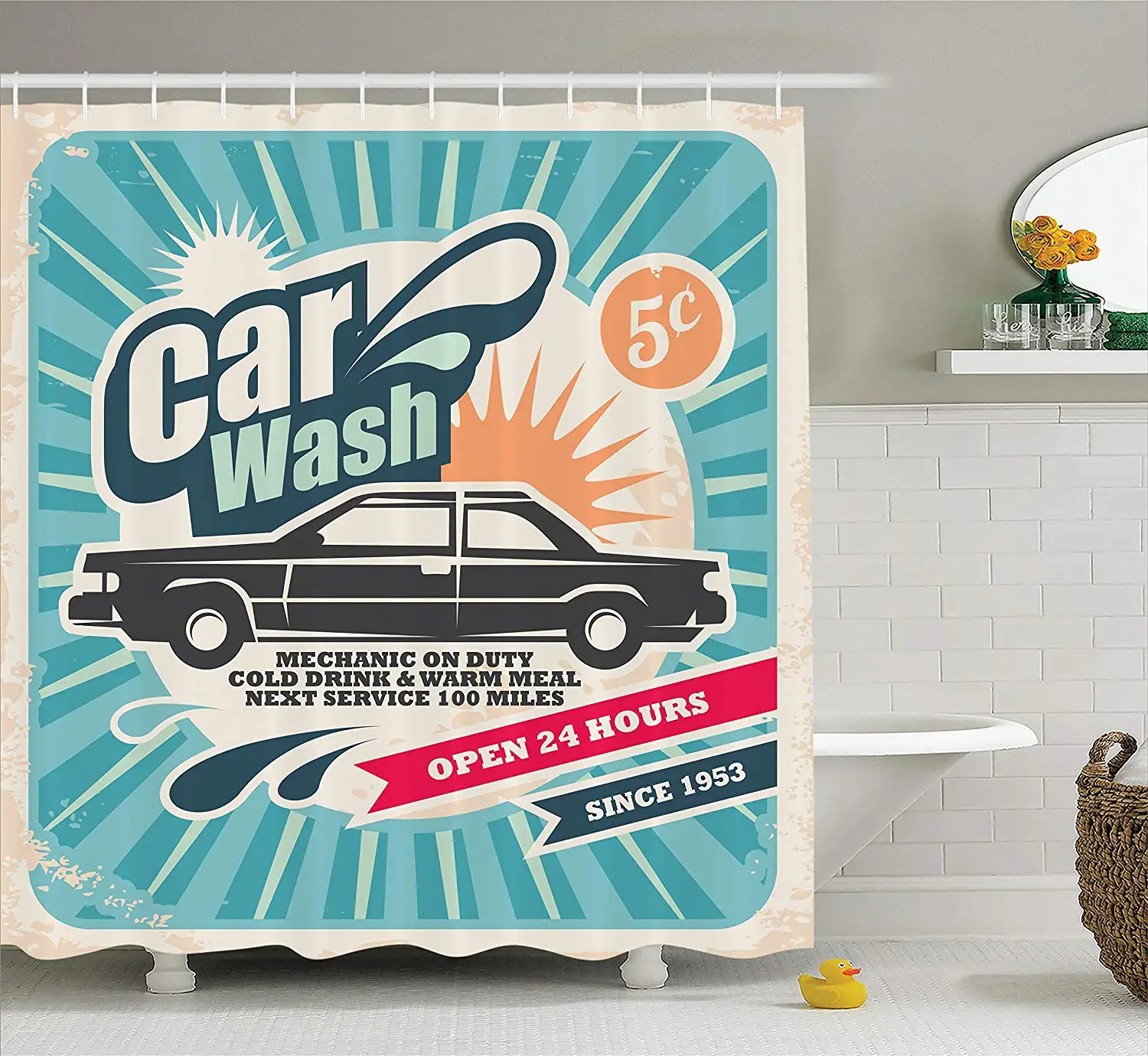 1950S Shower Curtain, Retro Car Wash Auto Service Repair Poster Style Art in Vintage Color Classic Design Print
1950S Shower Curtain, Retro Car Wash Auto Service Repair Poster Style Art in Vintage Color Classic Design Print