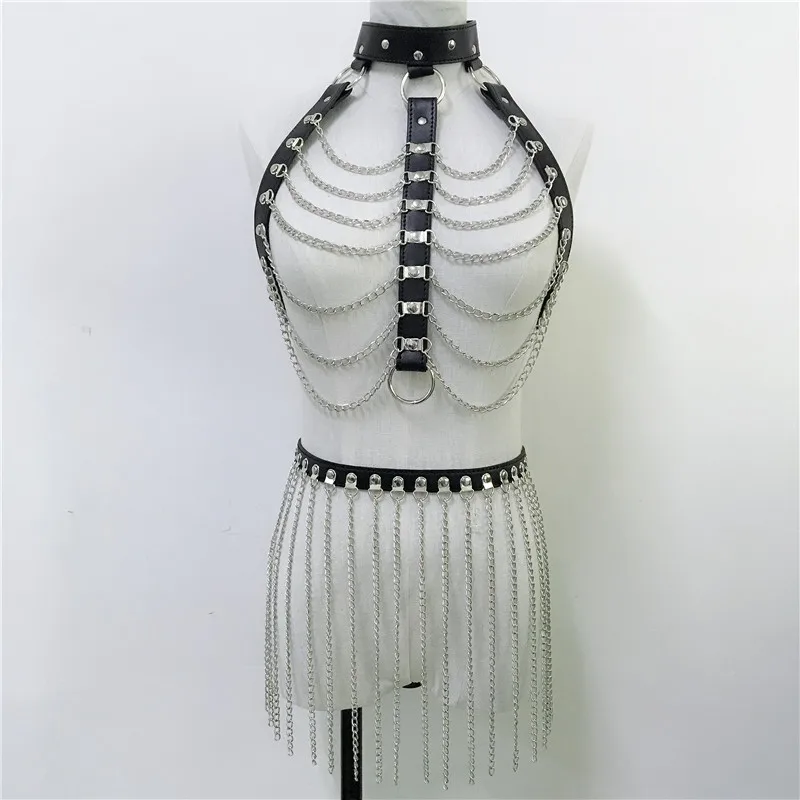 Gothic Leather Harness Garters Two Piece Set Fashion Metal Link Chain Tassel Top Adjustable Party Night Club Bondage Outfits
Gothic Leather Harness Garters Two Piece Set Fashion Metal Link Chain Tassel Top Adjustable Party Night Club Bondage Outfits