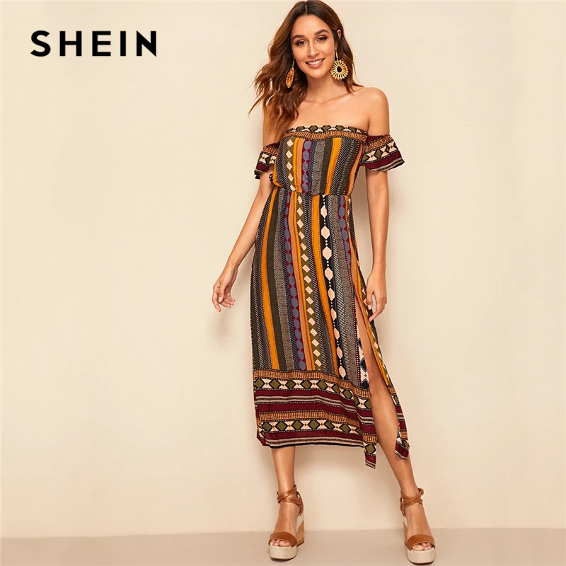 

SHEIN Boho Multicolor Off Shoulder Tribal Print Split Summer Long Dress Women Fit and Flare High Waist Folk Style Sexy Dresses