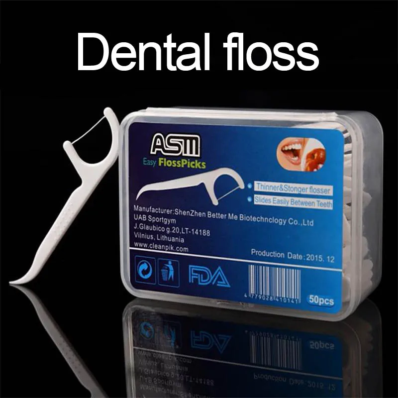 Dental floss products High-grade plastic floss sticks Front floss back toothpick floss boxed 50pc/lot
Dental floss products High-grade plastic floss sticks Front floss back toothpick floss boxed 50pc/lot