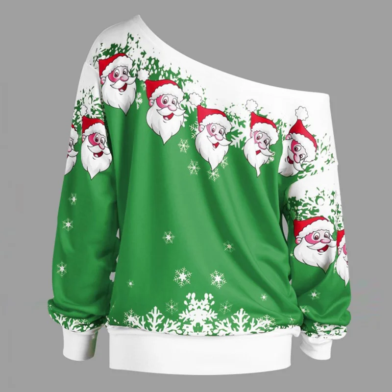 

Women Skew Neck Santa Claus Snowflake Printed Pullover Sweatshirt Long Sleeve Autumn Christmas Tops AIC88