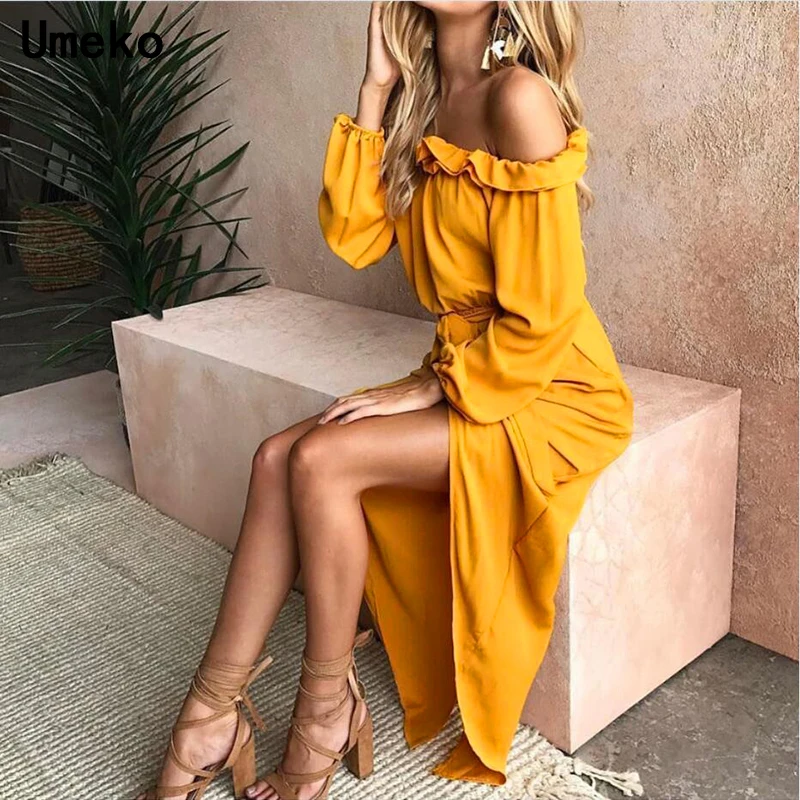 Party Dress Women Off The Shoudler Elegant Lantern Long Sleeve Ruffle Split Loose Belt Bow Ladies Long Dress Fashion 2019
Party Dress Women Off The Shoudler Elegant Lantern Long Sleeve Ruffle Split Loose Belt Bow Ladies Long Dress Fashion 2019