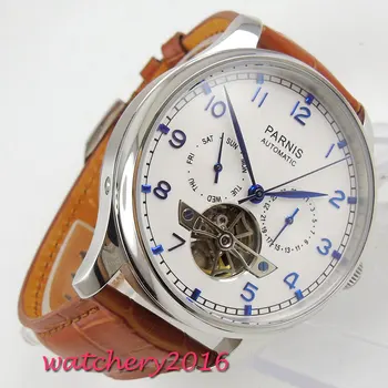 New Parnis 43mm White dial Complete Calendar Blue Marks power reserve Automatic self-wind Movement Men's Watch relogio masculino
New Parnis 43mm White dial Complete Calendar Blue Marks power reserve Automatic self-wind Movement Men's Watch relogio masculino