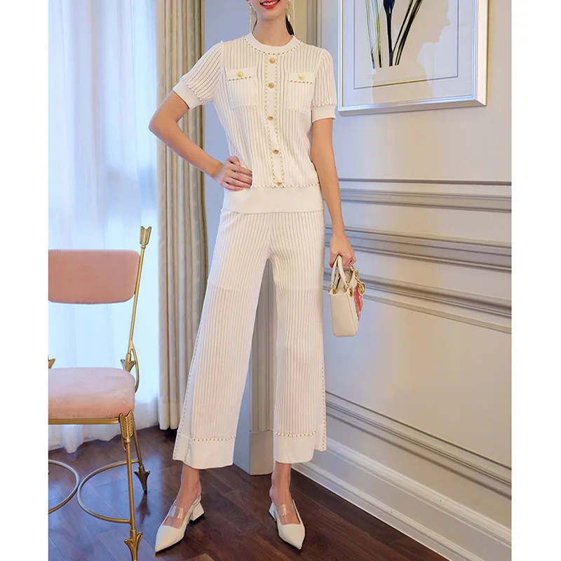 Tracksuit Women 2 piece Sets Hollow Out Short Sleeve Knitted Shirt and Wide Legs Long Knitting Pants Sets Pullover Top Pants Set
Tracksuit Women 2 piece Sets Hollow Out Short Sleeve Knitted Shirt and Wide Legs Long Knitting Pants Sets Pullover Top Pants Set