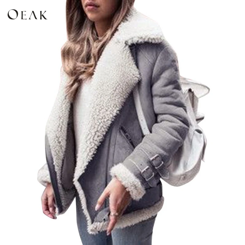 OEAK зимняя толстая овечья шерсть куртка для женщин крутая мотоциклетная отвороты