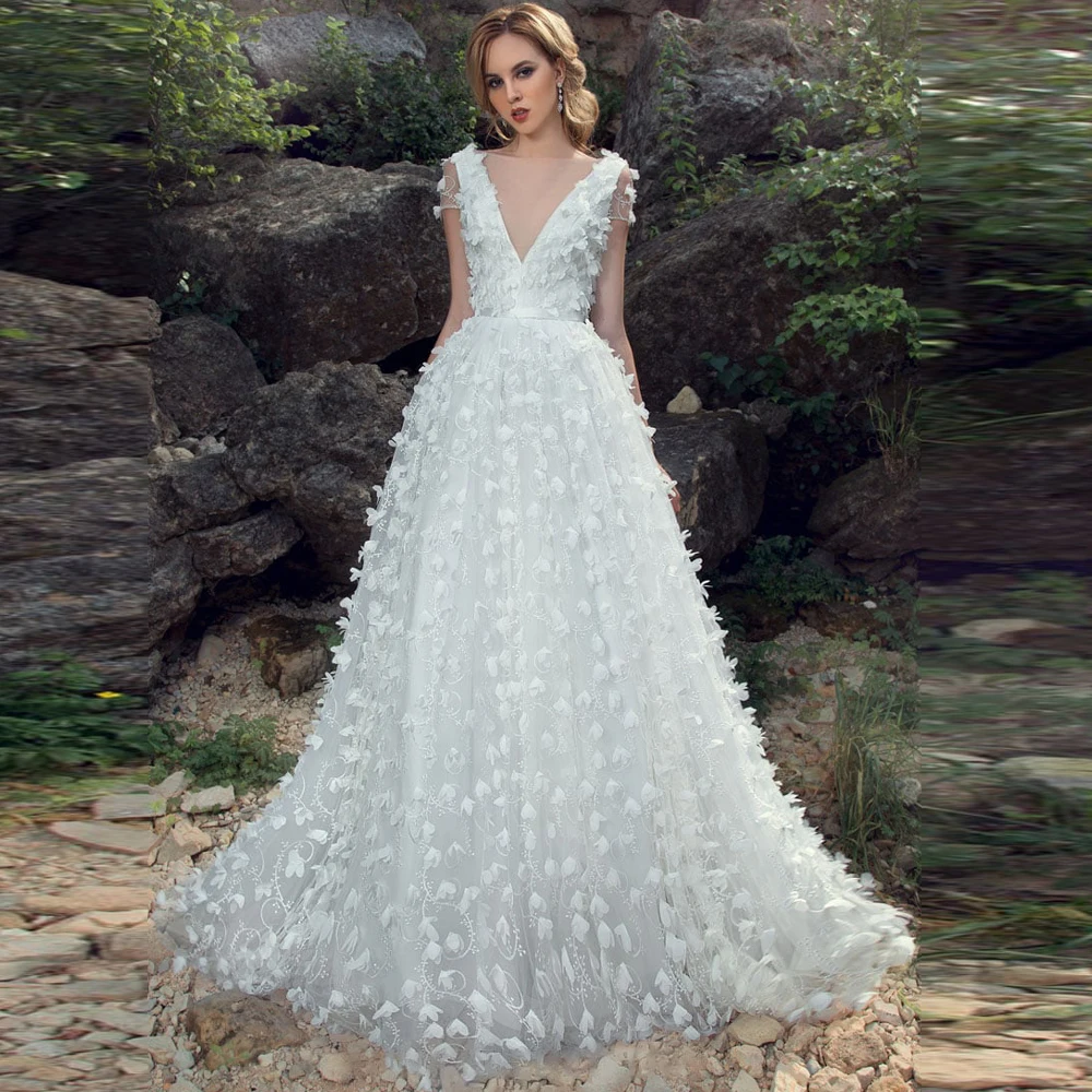 Sheer Neck A Line Lace Wedding Dress 2020 Elegant Short Sleeves Illusion Bodice White/Ivory Floral Bridal Gown vestido de noiva | Свадьбы и
