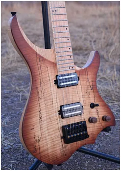 Headless Electric Guitar style Model brown spalted curly maple top Flame maple Neck in stock free shipping 
Headless Electric Guitar style Model brown spalted curly maple top Flame maple Neck in stock free shipping