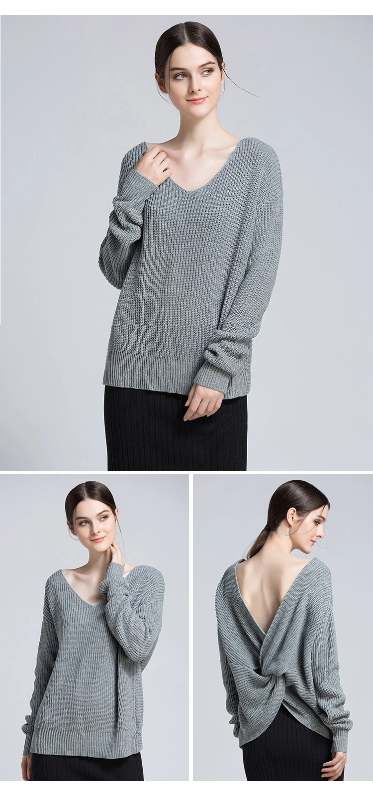 European and American women's spring and autumn and winter new solid color V-neck pullover sweater sexy leak-back sweater (7)