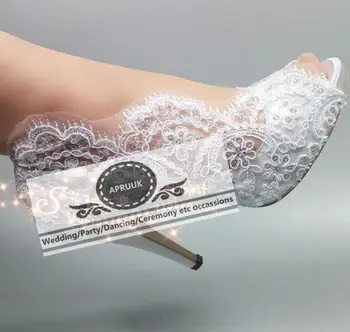 

White peep toe lace wedding shoes applique bling sequines decoration HS369 bridal brides bridesmaid satin lace pumps plus size