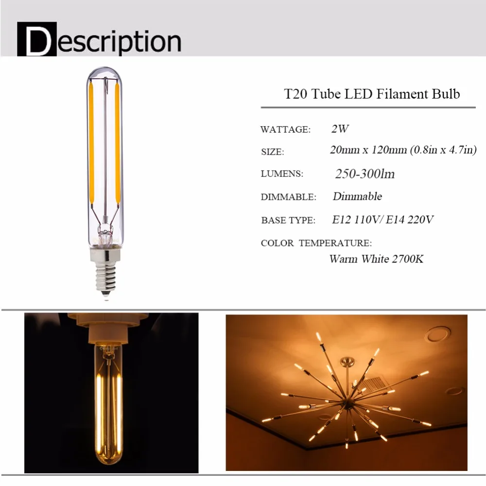 Description Picture 6 of item4PCS/Lot T20 Edison Retro Lamps 1W 2W LED Light Long Filament E12 E14 110V 220V Dimmable Refrigerator Bulb Warm White room decor