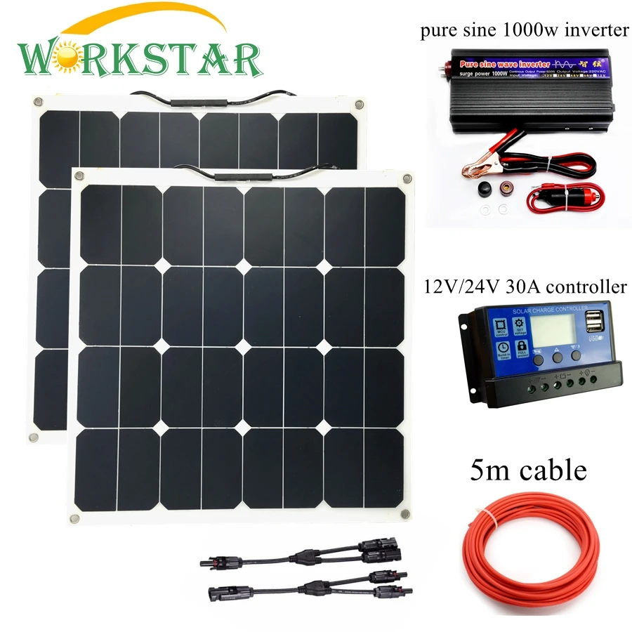 

Sunpower 2*50W Flexible Solar Panels with 30A Controller and 1000W Inverter 100W solar System Kit for Beginner for RV/boat