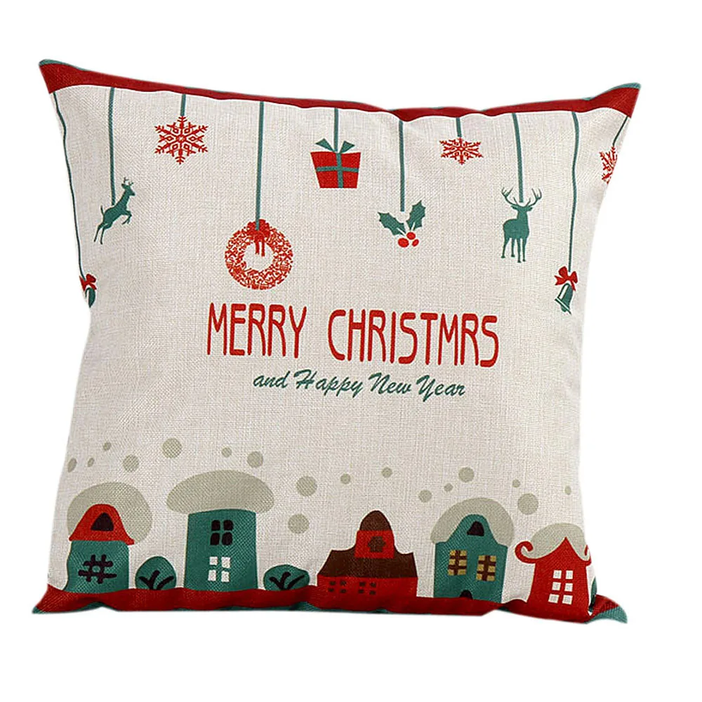 Image Merry christmas Linen Pillow Cover Vintage Building Style Pattern Cushion Cover Home Decorative Cheap Pillow Case 45x45cm EY11