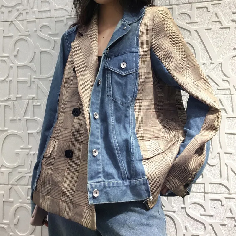 2019 Spring Summer Lapel Long Sleeve Patchwork Denim Coat Notched Plaid Split Irregular Loose Jacket
2019 Spring Summer Lapel Long Sleeve Patchwork Denim Coat Notched Plaid Split Irregular Loose Jacket