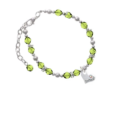 Heart with ''Softball'' and AB Crystal Lime Green Beaded Bracelet